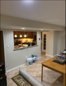 a kitchen with accent lighting.